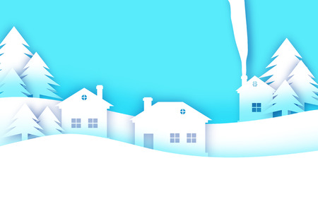 Merry Christmas and Happy New Year Greetings card. Origami Winter Snow Landscape Village with blue sky. City Urban Countryside with forest in paper cut style. Holidays. Vector.のイラスト素材