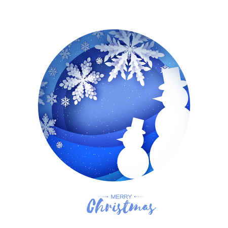 Snowman. White snowflakes. Origami paper cut snow design. Merry Christmas and Happy New Year. Origami Winter Landscape. Snowfall. Holidays. Blue. Vectorのイラスト素材