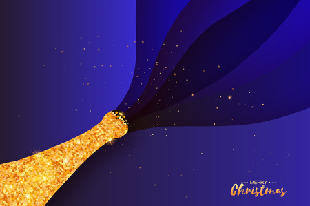 Gold Champagne explosion paper cut style. Origami Celebration layered theme with splashing champagne. Happy holidays. Merry Christmas and Happy New Year. Blue. Vectorのイラスト素材