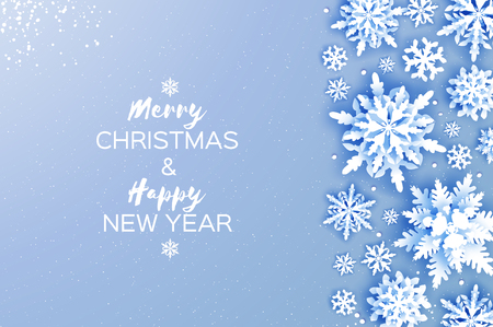 Merry Christmas and Happy New Year Greetings card. White Paper cut snowflakes. Origami Winter Decoration background. Seasonal holidays. Snowfall. Space for text. Blue. Vectorのイラスト素材