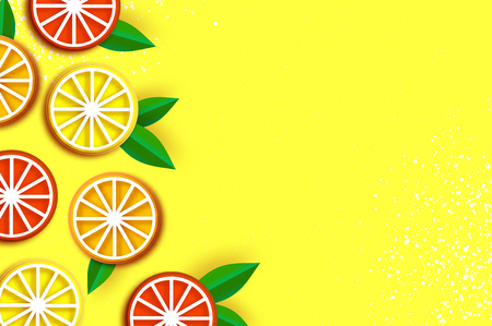 Lemon, graprfruit, orange. Citrus in paper cut style. Origami juicy ripe slices. Healthy food on yellow. Summertime. Vectorのイラスト素材