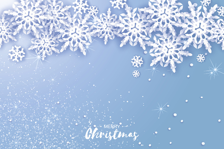 Merry Christmas and Happy New Year Greetings card. White Paper cut snowflakes. Origami Winter Decoration background. Seasonal holidays. Snowfall. Space for text. Blue. Vectorのイラスト素材