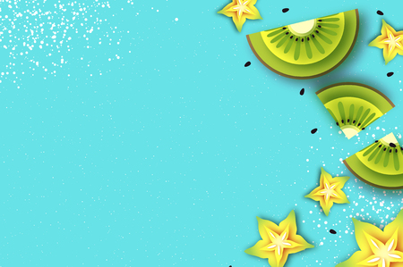 Slice of kiwi and carambola. Top view. Kiwi and Starfruit Super Summer in paper cut style. Origami juicy ripe green yellow slices. Healthy food on blue. Summertime. Vectorのイラスト素材