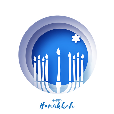 Origami Happy Hanukkah Greeting card on blue. Hanuka jewish illustration. jewish menorah. Hanuka candles symbol in paper cut style. Happy holidays. David star. Vector.のイラスト素材