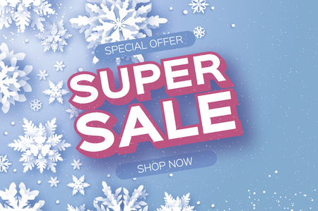 Winter Super Sale Banner. Merry Christmas and Happy New Year card. White Paper cut snowflakes. Origami Wintertime Decoration background. Seasonal holidays. Snowfall. Space for text. Blue. Vectorのイラスト素材
