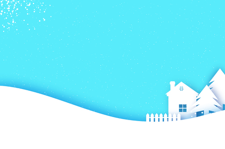 Merry Christmas and Happy New Year Greetings card. Origami Winter Snow Landscape Village with blue sky. City Urban Countryside with forest in paper cut style. Holidays. Vector.のイラスト素材