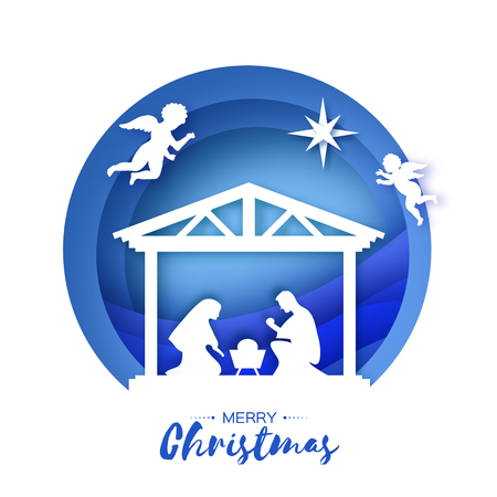 Birth of Christ. Baby Jesus in the manger. Holy Family. Magi. Angels. Star of Bethlehem - east comet. Nativity Christmas design in paper art style. Happy new year. Circle tunnel frame. Blue. Vector.のイラスト素材