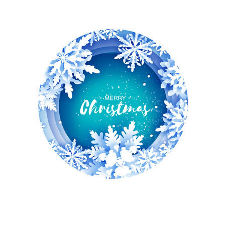 Merry Christmas and Happy New Year Greetings card. White Paper cut snowflakes. Origami Winter Decoration background. Seasonal holidays. Snowfall. Layered tunnel circle frame. Space for text. Blue. Vectorのイラスト素材