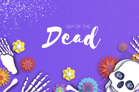 Day of the dead. Paper cut skull for mexican celebration. Traditional mexico skeleton. Dia de muertos. Mexican holiday. Purple. Space for text. Origami flower. Vectorのイラスト素材