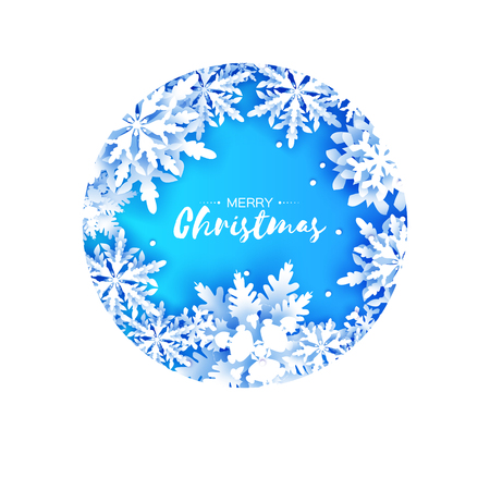 Merry Christmas and Happy New Year Greetings card. White Paper cut snowflakes. Origami Winter Decoration background. Seasonal holidays. Snowfall. Layered tunnel circle frame. Space for text. Blue. Vectorのイラスト素材