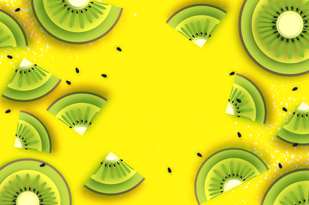 Slice of kiwi.Top view. Kiwi Super Summer in paper cut style. Origami juicy ripe green slices. Healthy food on yellow. Summertime. Vectorのイラスト素材
