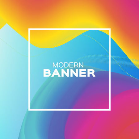 Liquid Poster. Bright Colorful Wave Smoke Shapes with Square frame. Space for text. Abstract Colorful Dynamic Effect on blue. Modern Template Banner. Vectorのイラスト素材