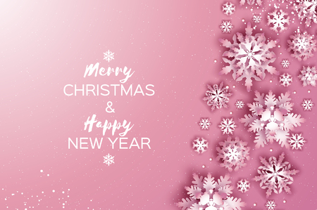Merry Christmas and Happy New Year Greetings card. White Paper cut snowflakes. Origami Winter Decoration background. Seasonal holidays. Snowfall. Space for text. Pink. Vectorのイラスト素材