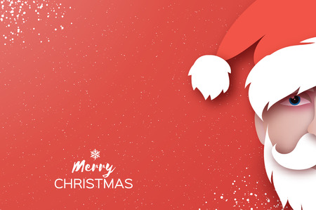 Santa Claus hat and beard in paper cut style. Origami Merry Christmas and Happy New Year Greetings card. Winter holidays. Red. Vector.のイラスト素材