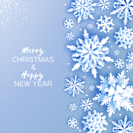 Merry Christmas and Happy New Year Greetings card. White Paper cut snowflakes. Origami Winter Decoration background. Seasonal holidays. Snowfall. Space for text. Blue. Vectorのイラスト素材