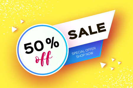 Sale Banner in paper cut style. Origami discount tag, special offer, buy now. Graphic ribbon element on yellow. Space for text. Vectorのイラスト素材
