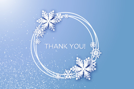 Thank you card. Merry Christmas and Happy New Year Greetings card. White Paper cut snowflakes. Origami Winter Decoration. Seasonal holidays. Snowfall. Space for text. Circle frame. Blue. Vectorのイラスト素材