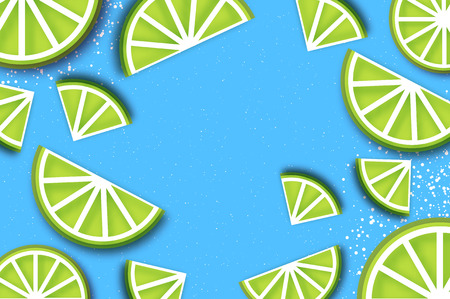 Lime in paper cut style. Origami juicy ripe lime citrus slices. Healthy food on sky blue. Summertime. Vectorのイラスト素材