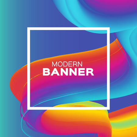 Liquid Poster. Bright Colorful Wave Smoke Shapes with Square frame. Space for text. Abstract Dynamic Effect on purple blue. Modern Template Banner. Vector design illustration.のイラスト素材