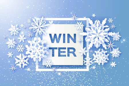 Merry Christmas and Happy New Year Greetings card. White Paper cut snowflakes. Origami Decoration background. Seasonal holidays. Snowfall. Square frame. Winter text. Blue. Vectorのイラスト素材