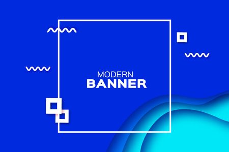 Paper Cut Tunnel Wave Shapes. Layered curve Origami design for business presentations, flyers, posters. 3D abstract map carving. Text. Square Frame. Blue. Vector illustrationのイラスト素材