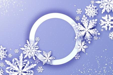 Merry Christmas and Happy New Year Greetings card. White Paper cut snowflakes. Origami Winter Decoration background. Seasonal holidays. Snowfall. Circle frame. Space for text. Purple. Vectorのイラスト素材