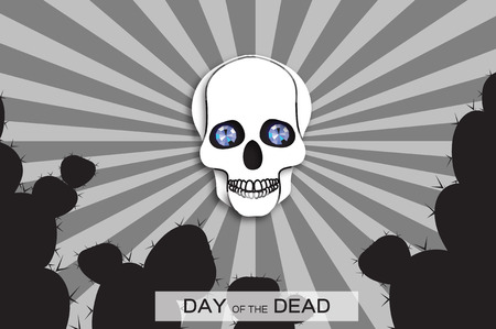 Day of the dead. Paper cut skull for mexican celebration. Traditional mexico skeleton. Dia de muertos on dark night blue background. Bones font. Blue Diamond eyes.Vectorのイラスト素材