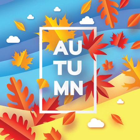 Beautiful Autumn in paper cut style. Origami leaves. Hello Autumn. September. October. Rectangle frame for text. Origami Foliage. Maple, oak. Fall. Poster template Cloud Vectorのイラスト素材