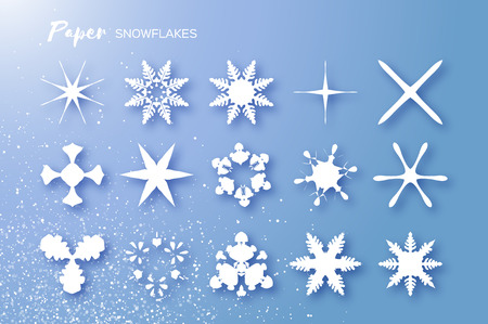 15 White Paper cut snowflakes. Origami Winter Decoration elements. Seasonal holidays. Snowfall. Merry Christmas and Happy New Year Greetings card. Blue. Vectorのイラスト素材