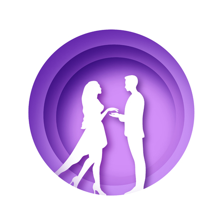 Love paper cut style. Origami white silhouette couple. Valentines day. Lovely girl and boy. Circle layered frame. Purple. Vectorのイラスト素材