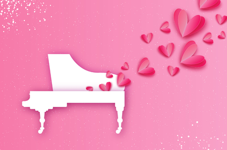 Music of love. Music pink heart shape. White Grand Piano in paper cut style. Happy Valentines day. Romantic Holidays. 14 February. Honeymoon. Pink. Vector.のイラスト素材