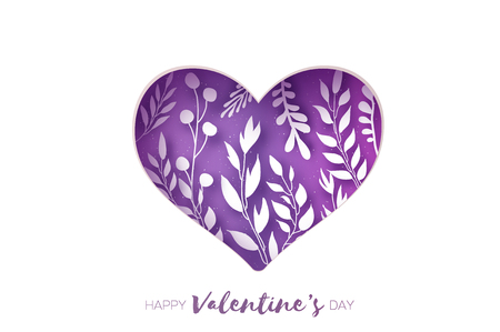 Heart frame. Valentines day Greetings card. Realistic Paper cut white flowers and leaves. Colorful Floral bouquet. Purple. Vector.のイラスト素材