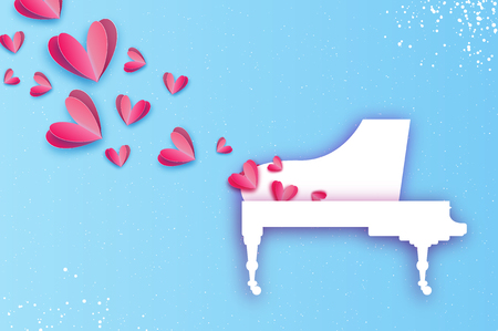 Music of love. Music pink heart shape. White Grand Piano in paper cut style. Happy Valentines day. Romantic Holidays. 14 February. Honeymoon. Blue. Vector.のイラスト素材