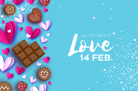 Love Chocolate. Valentines Day Greeting Card. Pink white hearts paper cut style and dessert, candy on blue. Origami Happy holidays. Space for Text. Vector.のイラスト素材