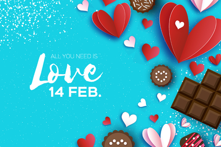 Love Chocolate. Valentines Day Greeting Card. Red white hearts paper cut style and dessert, candy on blue. Origami Happy holidays. Space for Text. Vector.のイラスト素材