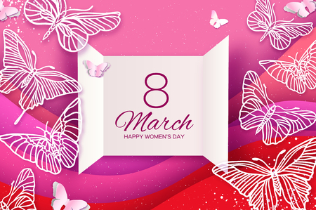 Tropical 8 March. Pink Womens day greeting card with paper cut butterfly. Origami exotic spring holidays. Text. Open card. Happy Mothers Day. Vectorのイラスト素材