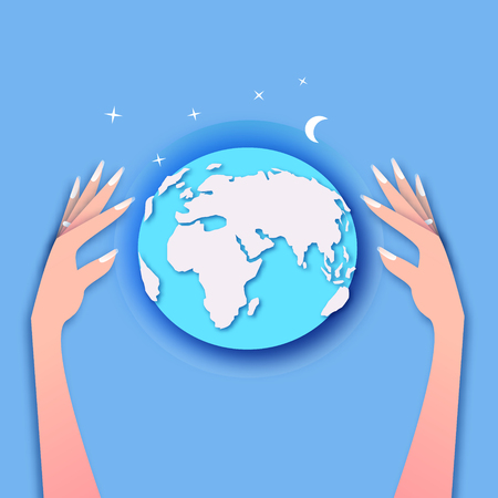 Global business. Businesswoman boss hands carrying world map. Vector.のイラスト素材