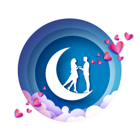 Fall in Love. Crescent Moon. White Romantic lovers. Pink Hearts paper cut style. Happy Valentine day. Romantic Holidays. 14 February. Marry me. Honeymoon. Blue sky circle frame. Vectorのイラスト素材