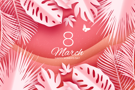 Trendy Tropical 8 March. Coral Womens day greeting card with paper cut leaves. Origami exotic flower bouquet. Text. Spring Holidays. Happy Mothers Day. Vectorのイラスト素材