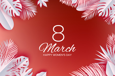 Trendy Tropical 8 March. Coral Womens day greeting card with paper cut leaves. Origami exotic flower bouquet. Text. Spring Holidays. Happy Mothers Day. Vectorのイラスト素材