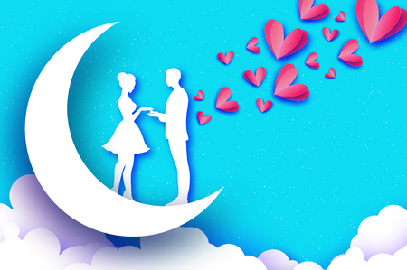 Fall in Love. Moon. White Romantic lovers. Pink Paper Hearts. paper cut style. Happy Valentine day. Romantic Holidays. 14 February. Honeymoon. Blue sky Vectorのイラスト素材