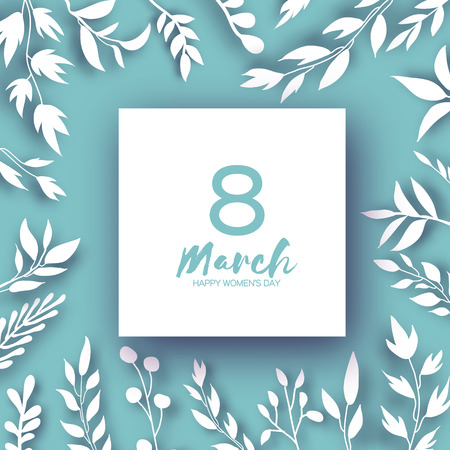 8 March Greetings card. International Womens Day. Realistic Floral Paper cut white leaves. Floral bouquet. Square Frame. Text. Origami Spring Seasonal Holidays. Happy Mothers Day. Vector.のイラスト素材