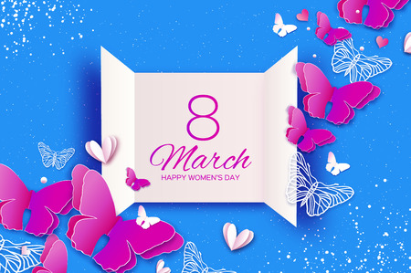 Tropical 8 March. Womens day greeting card with paper cut pink butterflies, hearts. Origami exotic spring holidays. Text. Open card. Happy Mothers Day. Blue Vectorのイラスト素材