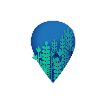 Leaf shape. Paper cut decor with green tropical flowers and leaves. Origami floral bouquet on blue. Vector.のイラスト素材