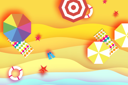 Top view Parasols - umbrella in paper cut style. Origami sand beach with summer equipment . Beach rest. Vacation and travel concept. Space for text.のイラスト素材