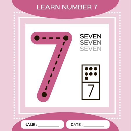 Learn numbers 7. Seven . Children educational game. Kids learning material. Trace and write. Counting game. Pink background.のイラスト素材