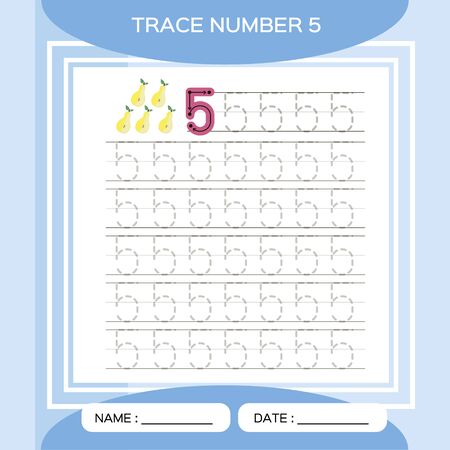Trace number 5. Five. Children educational game. Kids learning material. Activity For Early Years. Preschool worksheet for practicing fine motor skills. Blue. Pear.のイラスト素材