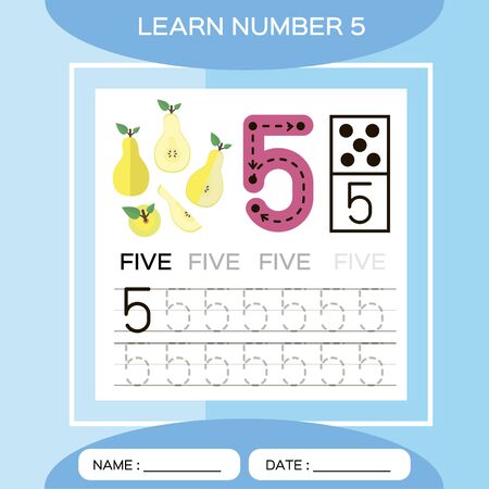 Learn number 5. Five . Children educational game. Kids learning material. Lets Trace number 5 and write. Counting game. Blue background. Yellow pearのイラスト素材