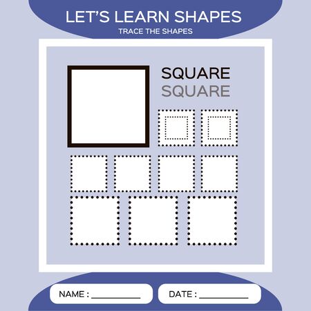 Learn Shapes. Square. Handwriting practice. Trace and write. Educational children game. Kids activity printable sheet. Purple Background.のイラスト素材