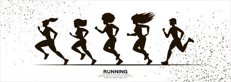 Young ladies running. Happy fitness women. Women runners in black silhouette on white background. Jogging. Sport Marathon. Dynamic movement. Side view.のイラスト素材
